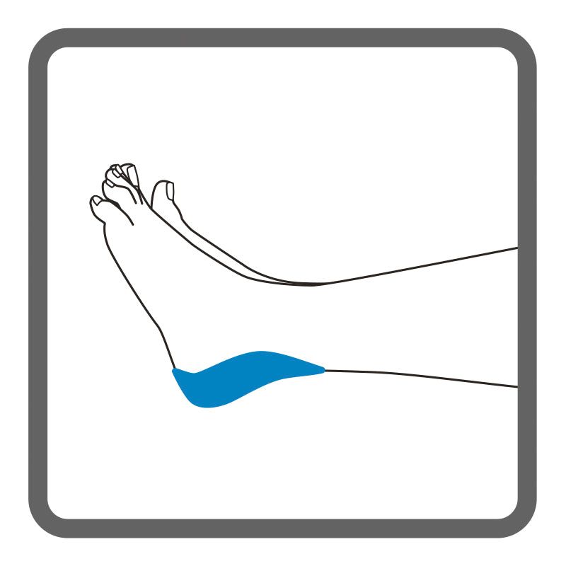 Illustration of the left heel, with shading to represent where Dermisplus Prevent Heel  should be placed