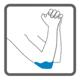 Illustration of arms bent at the elbow, with shading on the right elbow, to highlight where Dermisplus Prevent heel can be used to on the elbow