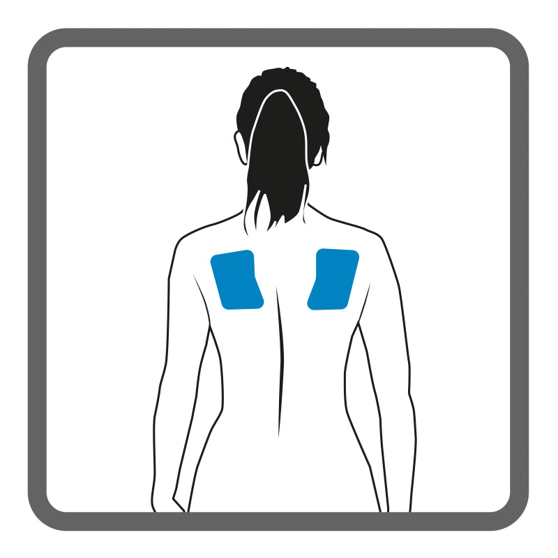 Illustration of a female upper back, with shading showing the placement of Dermisplus Prevent pad on the shoulder blades.
