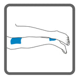 Illustration of lower legs, side lying, with shading to show the placement of a Dermisplus Prevent pad between the knees and between the ankles.