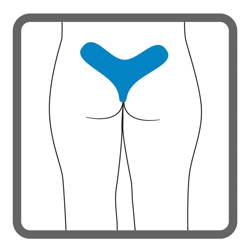 Illustration of the buttocks, with shading at the coccyx to show the placement of Dermisplus Prevent Sacrum pad.