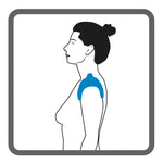 Illustration of a female upper body, left shoulder, with shading to show the placement of Dermisplus Prevent sacrum pad used on the shoulder.