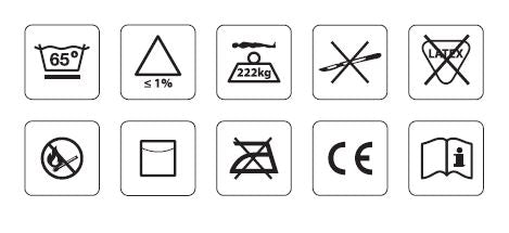 The symbols that can be found printed on the  cover, including the CE Mark, max weight of 22kg and cleaning instructions.