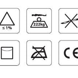 The symbols that can be found printed on the  cover, including the CE Mark, max weight of 22kg and cleaning instructions.